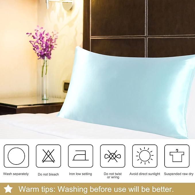 uxcell 1 Pack 100% Charmeuse Pure Silk Pillowcase for Hair and Skin, 350TC 19 Momme Soft Breathable Pillow Case with Hidden Zipper, Light Blue King(20x36inch)