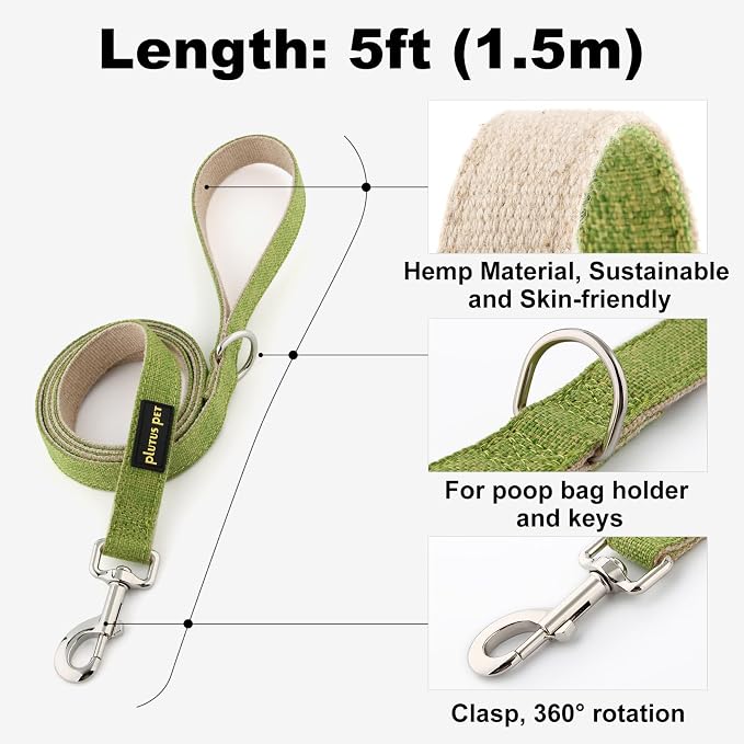 Plutus Pet Cotton Hemp Dog Collar and Leash Set, Adjustable Collar for Small, Medium, and Large Dogs, Heavy Duty and Soft on Skin, Green, S