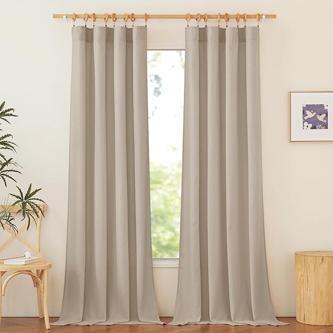 NICETOWN Thick Linen Camel Curtains 95 inches Long, Rod Pocket & Back Tab Flax Linen Weave with Light Filtering Window Treatments Privacy Assured for Living Room, W55 x L95, 2 Panels