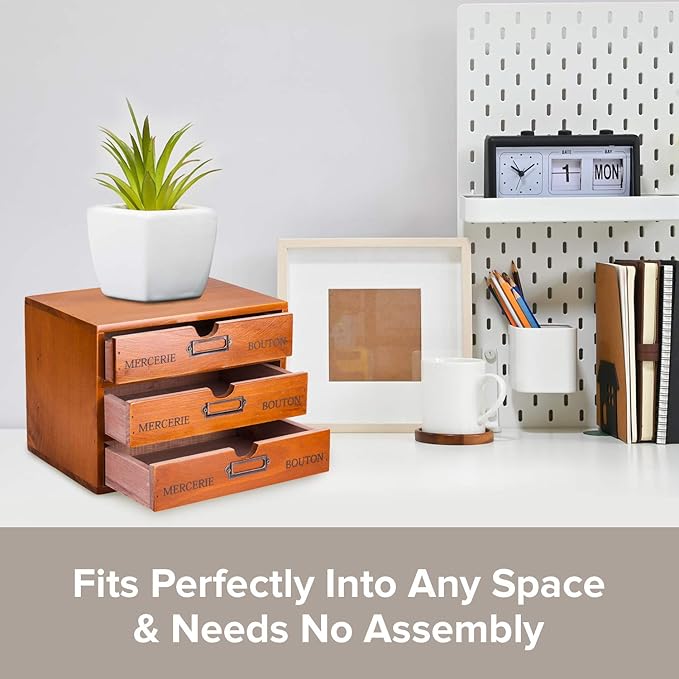 Vintage 3-Drawer Organizer for Desk - Wooden Box with 3 Storage Drawers - Solid Wood Table Top Filing Cabinet for Organization and Storage - Paper Organizer - Rustic Desk Organizers and Accessories