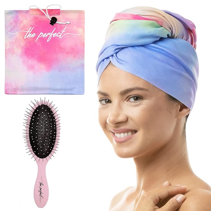 Microfiber Hair Towel Wrap with Wet & Dry Detangling Brush – Fast Drying Anti-Frizz Hair Drying Turban for Curly, Wavy and Straight Hair – Gentle Absorbent Hair Care for Women, Girls and Kids