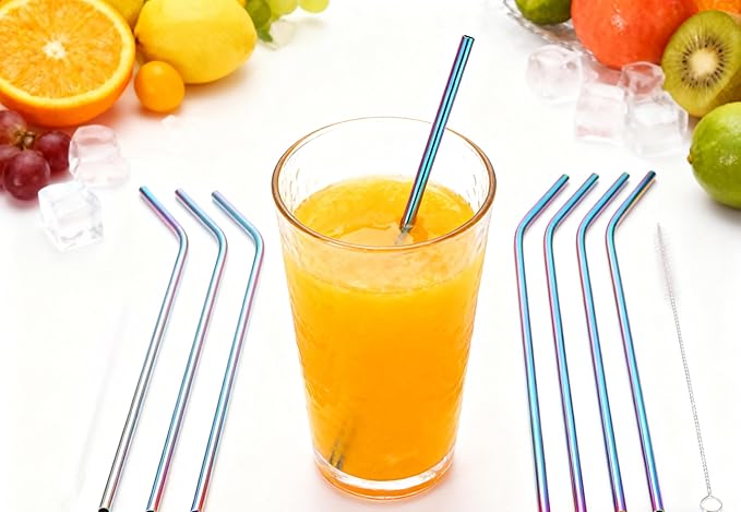 10 Pcs Stainless Steel Straws, Reusable Drinking Straws, 5 Straight + 5 Bent Metal Straws Set With 2 Pcs Cleaning Brushes (Colorful, 8.5 Inch)