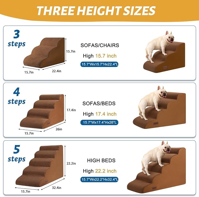 Aodisman 5-Step Dog Stairs and Ramp for High Bed,Non-Slip Sturdy Pet Steps for Small Dogs and Cats,22.2" H,Brown