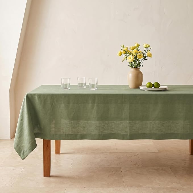 Solino Home Linen Tablecloth 60 x 156 Inch - 100% Pure Linen Oil Green Table Cloth for Rectangle Tables - Fete, Machine Washable Tablecloth for Summer