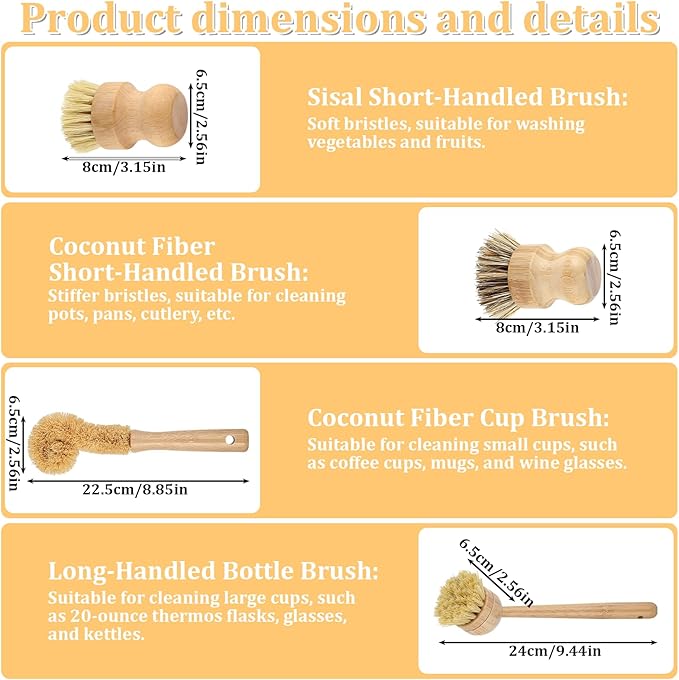 9 Pcs Bamboo Dish Brush Set Wooden Dish Brush with Sisal and Palm Fiber Natural Wooden Kitchen Brushs Practical Dishs Cleaning Brushs Sets for Pots Pans Bottle Sink Vegetables Household Cleaning