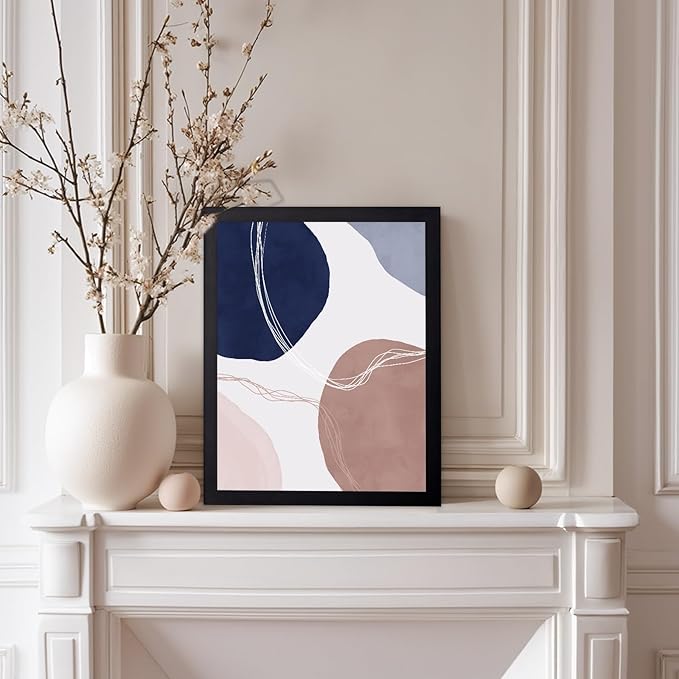 Monem Art Abstract Organic Shapes Print - Scandinavian Blue Geometric Poster - Wall Decor for Living Room, Bedroom or Office - 12x16 Black Framed Wall Art by Mareike Bohmer