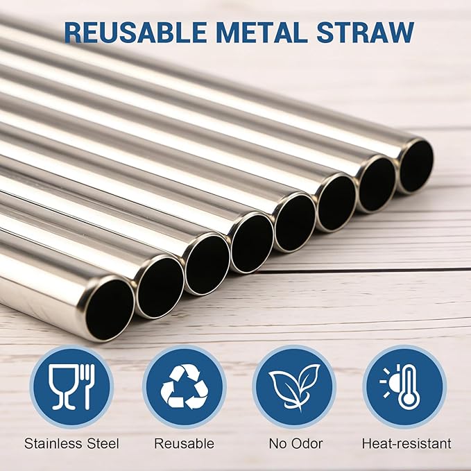 6 Pcs Reusable Metal Straws, 8.5” x 0.47” Extra Wide Metal Straws Reusable Stainless Steel Straws with 2 Cleaning Brush, Metal Milkshake Straw for Smoothies Bubble Beverage, Smoothies Straws