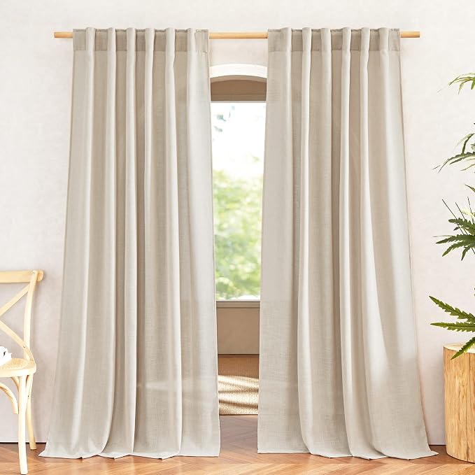 NICETOWN Beige Linen Curtains 84 inches Long, Rod Pocket & Back Tab Flax Linen Burlap Semi Sheer with Light Filtering Curtains & Drapes Privacy Window Treatments for Living Room, W52 x L84, 2 Pieces