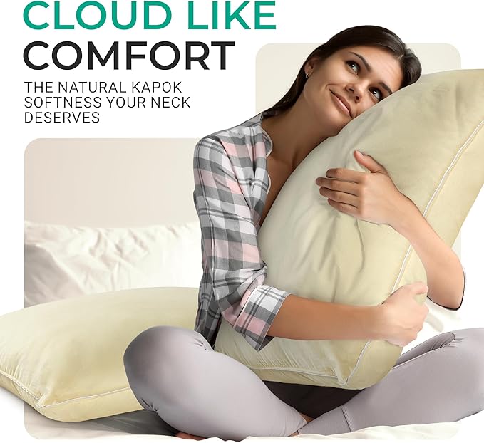 Cheer Collection Set of 2 Organic Kapok Bed Pillows, Natural Kapok Fiber Filled Sleeping Pillows with Breathable Cotton Shell, King Size, 20 x 36 inches