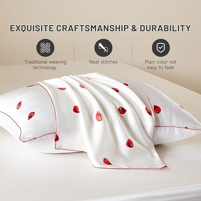 THXSILK Set of 2 Natural Mulberry Silk Pillowcase Hypoallergenic Zipper Pillow Case - Grade 6A+ Mulberry Real Silk Pillowcase Organic Silk Pillow Cover (White Strawberry, Queen Size 20"x30")