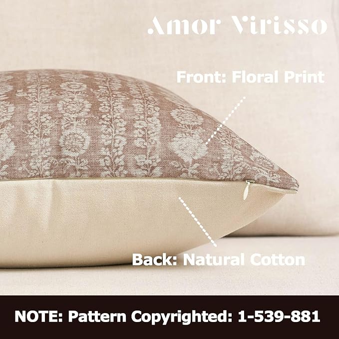 Amor Virisso Vintage Floral Throw Pillow Covers 20x20 Striped Farmhouse Block Print Pillow Cover Boho Neutral Decorative Pillows for Living Room Bed, Light Camel