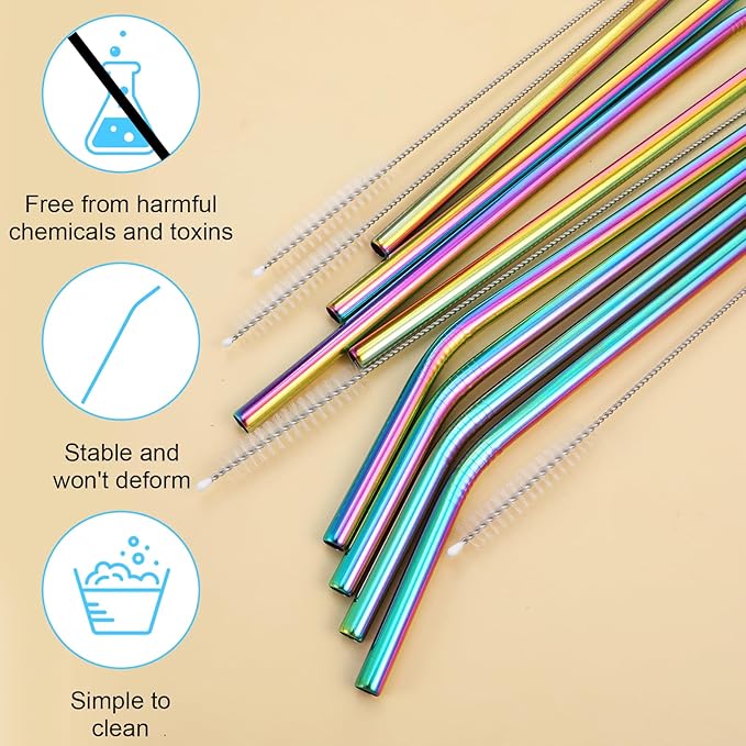 8 Pcs Reusable Long Metal Straws for 40 oz Tumbler 12 inch Colorful Reusable Metal Straws with Cleaning Brush Stainless Steel Straws Long Reusable Colorful Bent Straw with 4 Pieces Cleaning Brush