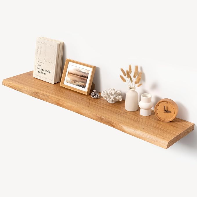 48" Live Edge Floating Shelf, Solid Elm Wood Wall Shelf | 1.4" Extra Thick, 9.3" Deep Heavy Duty Storage, Artisan Natural Finish for Kitchen, Coffee Bar & Living Room