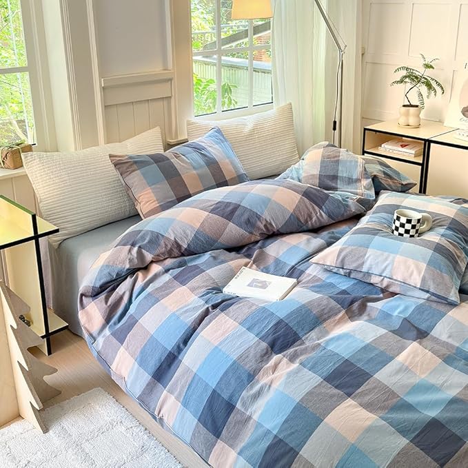 FACE TWO FACE Bedding Duvet Cover Set100% Washed Cotton Duvet Cover Linen Like Textured Breathable Durable Soft Comfy (Twin, Cardamom Blue Grid)