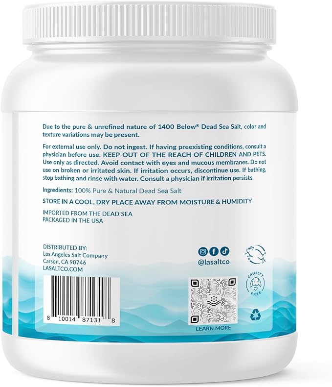 LA SALT CO 1400 Below 5 Lbs Jar Dead Sea Salt, Fine Grain - Foot and Spa Bath Soak, Exfoliating Body Scrub, 100% Pure and Mineral-Rich, Highest Mineral Content – Natural Muscle Tension Relief
