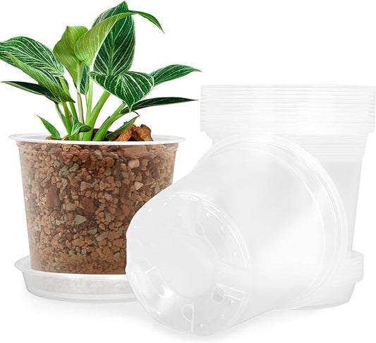 FUIJOL 5 Inch Clear Nursery Pots for Plants with Sacuers 15 Pack, Plastic Flower Pots with Drainage Holes, Variety Pack Seedlings Garden Pot for Indoor Outdoor (5 inch)