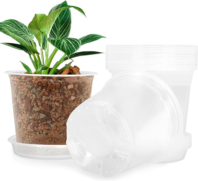FUIJOL 4 Inch Clear Nursery Pots for Plants with Sacuers 15 Pack, Plastic Flower Pots with Drainage Holes, Variety Pack Seedlings Garden Pot for Indoor Outdoor (4 inch)