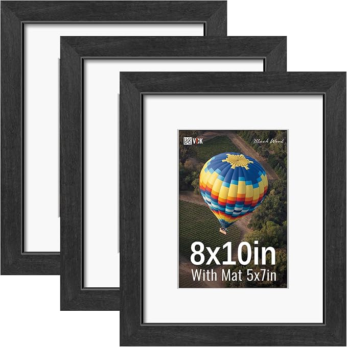 VCK 8x10 Picture Frames Black 3 Pack, Wide Border Solid Wood, Tempered Glass, Display 5x7 Photo with Mat or 8 x 10 without, for Home, Office, Gallery, Woodgrain Series, Tabletop & Wall Hanging