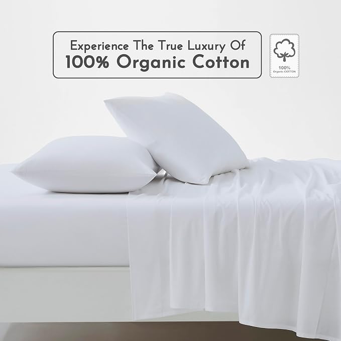 Linen Closet 100% Organic Cotton Full Size Sheets Set, 4 Pcs, Arctic White - Percale Bed Sheets & Pillowcases Set - Up To 16" Deep Pocket Fitted Sheet - Cooling, Crisp & Breathable - For Hot Sleepers