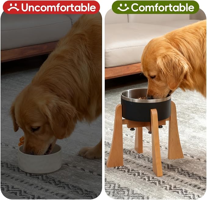 Elevated Bowl Stand 10-inch with Heavy Duty Beech Wood Made, Anti-Vomit Design for Medium Breed, Senior Dogs, Ergonomic Neck Protecting, Adjustable Diameter, Easy Clean Non Toxic