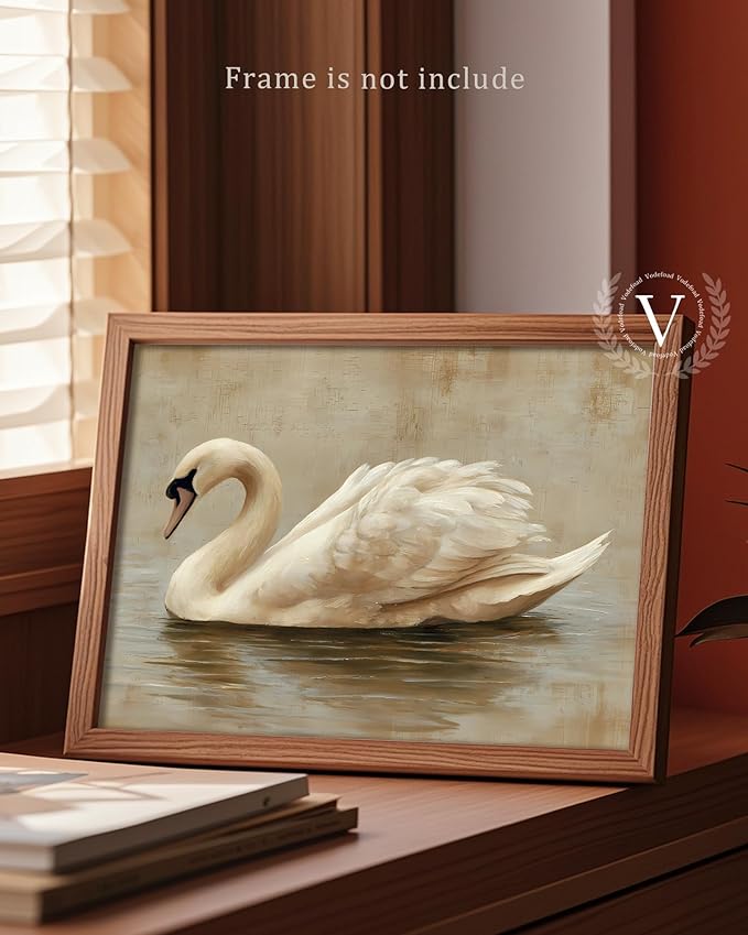 Vodefoad Vintage Swan Wall Art, Minimalist Elegant Swan Wall Decor, Neutral Animal Artwork Art Prints Room Decor, Cottagecore Autumn Classic Bird Art for Bedroom, Living Room, Bathroom, Lake House, 10x10 Inch