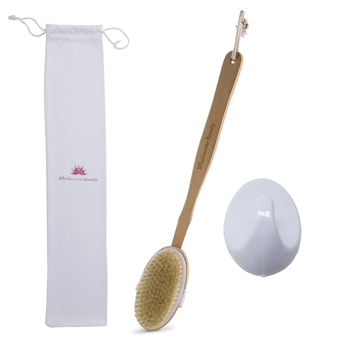Dry Skin Body Brush 16"- Natural Bristle - For Dry Brushing - Detachable Handle -Removes Dead Skin & Toxins, Helps Cellulite, Lymphatic Functions, Blood Circulation & Exfoliation-Pouch & Hook Included