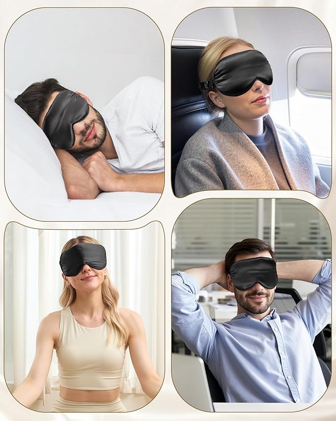 BeeVines Pure Silk 3D Contoured Sleep Mask for Women, Luxury 100% 22 Momme Mulberry Silk 3D Contoured Eye Mask for Lash Extensions, Zero Eye Pressure & Blackout(Black)