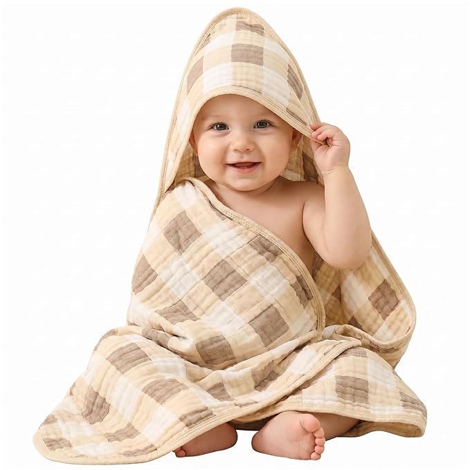 Ultra-Soft Muslin Baby Towel - 32 x 32 Inches, Ideal for Bath & Beach, Suitable for Both Boys & Girls from Newborns to Toddlers(Beige Coffee Plaid)