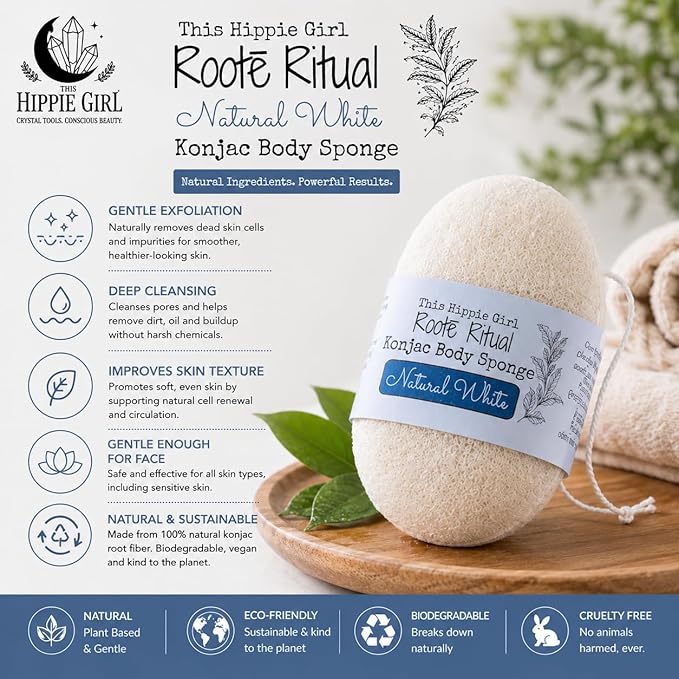 Roote Ritual Konjac Body Sponge – 100% Natural Exfoliating Shower Sponge for Sensitive Skin – Gently Deep Cleanses, Earth-Friendly Loofah, Biodegradable, Vegan – for Women, Men (Natural White)