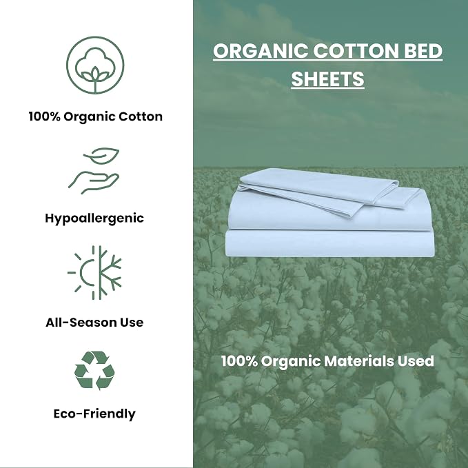 ORGANIC TEXTILES Premium Quality Bed Sheets - Organic Cotton 350 Thread Count - GOTS Certified - Full, (4 Pc. Set) - Sky Blue