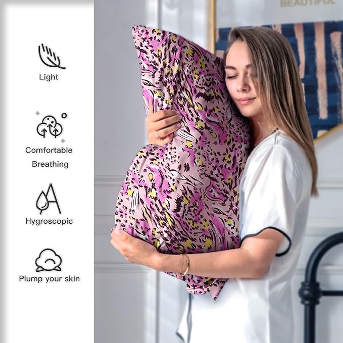 Mulberry Silk Pillowcase for Hair and Skin Queen Size Leopard Print Silk Pillow Cases with Zipper Soft Breathable Smooth Cooling Silk Pillow Covers for Sleeping (Pink Paint, 20"X 30",1Pcs)
