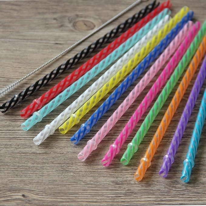 Dakoufish 12 Piece 9 Inch Reusable Plastic Thick Drinking Straws BPA Free Mason Jar Straws Transparent Small Stripe (9inch, Mix 12color)