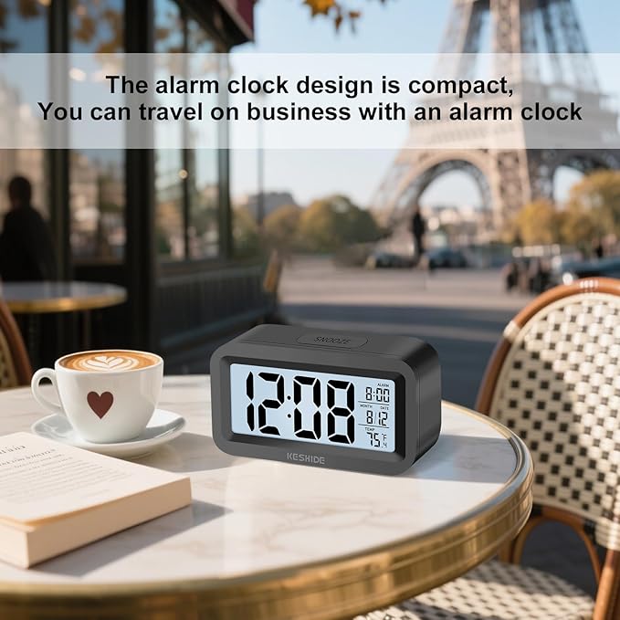 Travel Digital Alarm Clock,Battery Operated with Backlight, Indoor Temperature, Desk Small Clock,Snooze Model,12/24H Display for Bedrooms Heavy Sleepers Kids Travel Bathroom (Black)