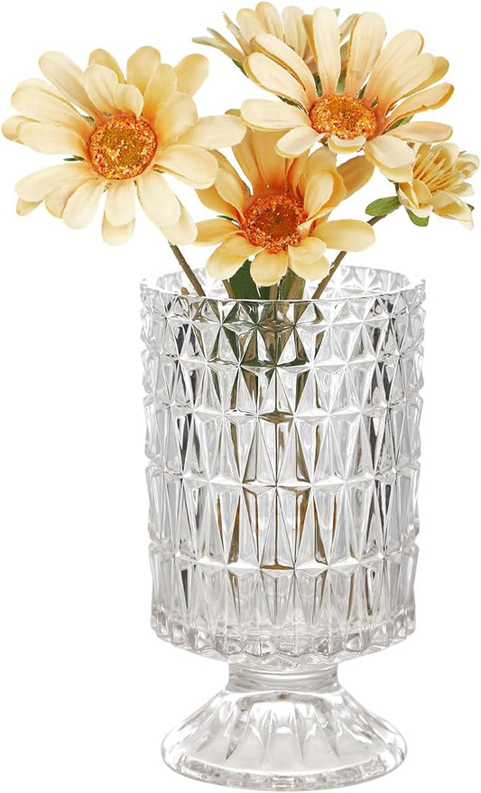 VanEnjoy Pedestal Base Glass Vase Wide Mouth vases for Flowers, Embossed Flower Vase Decorative for Home Office Wedding Holiday Party - 9 inches Rhomb