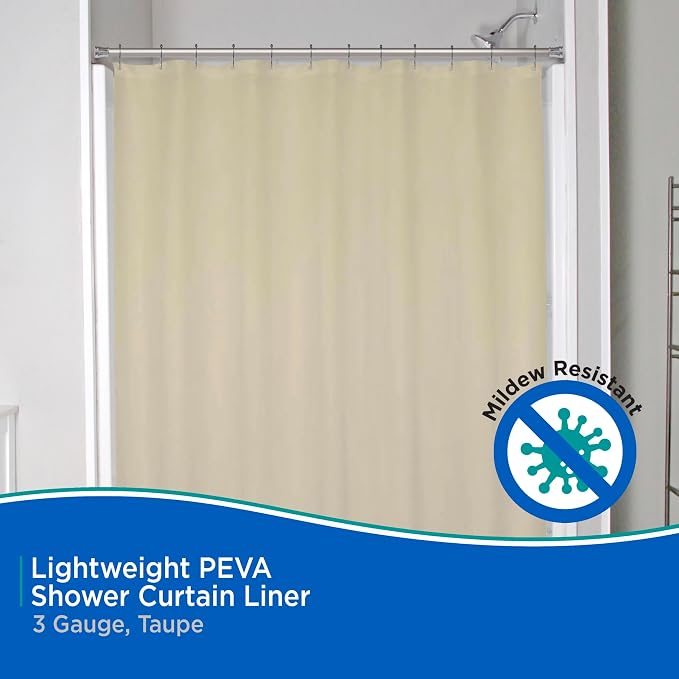 Kenney KN61436 Lightweight 3 Gauge Waterproof PEVA Shower Curtain Liner with Durable Eyelet Hang Holes and Weighted Magnetic Hem for Bathroom, 70" W x 72" H, Taupe, 1-Pack