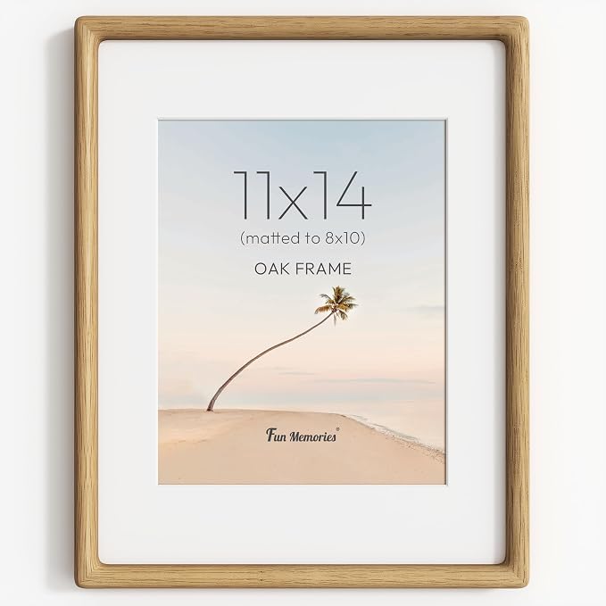 11x14 Picture Frame, USA-Sourced Oak Wood Picture Frame, 11 x 14 Photo Frame with High Tempered Glass, 11 by 14 Wooden Frame Matted to 8x10 Photo Wall Mounted, Oak Color, 1 Pack