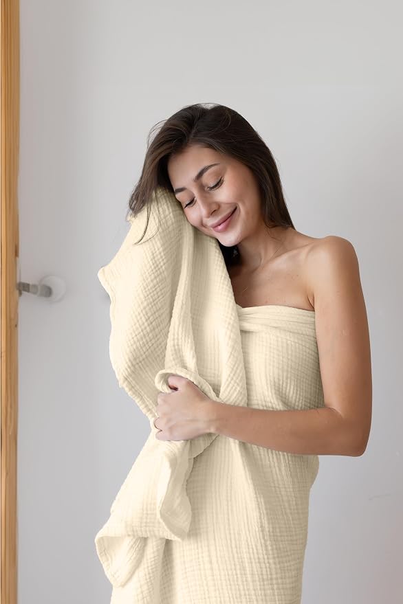 Muslin Bath Towels Pack of 2-32"x67" Inch Large Size, 100% Turkish Cotton, Thin, Soft, Quick-Dry, Lint-Free, Muslin Bathroom Towels (Natural, Pack of 2 Bath Towels)