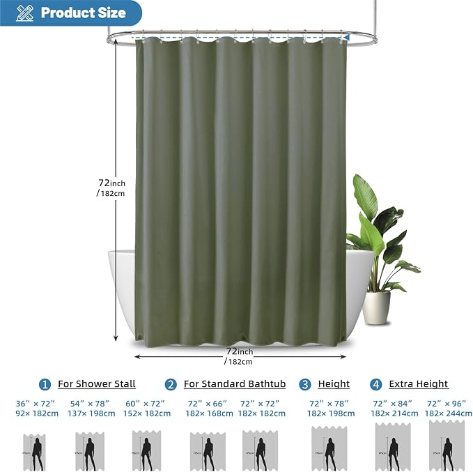 1 Pack Water-Repellent Fabric Shower Curtain Liner - Hotel Quality Machine Washable, 3 Heavy-Duty Magnets with Rustproof Grommets & Weighted Hem, Standard Size 72x72in SageGreen