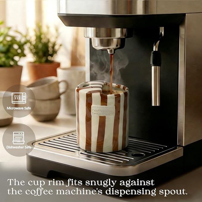 Ceramic Coffee Mug with Half Lid, 12oz Handmade Retro Striped Travel Mug, Minimalist To Go Coffee Cup for Home Office, Reusable Pottery Tumbler, Brown