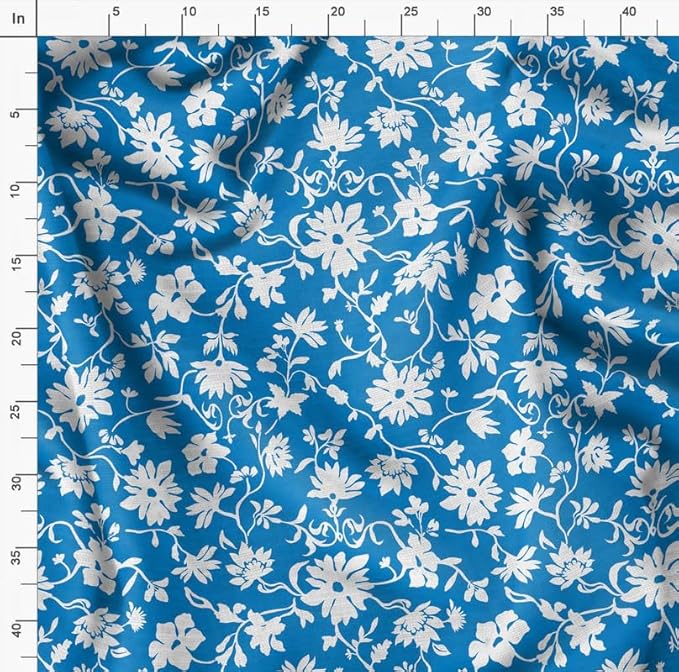 Soimoi Silky Satin Fabric Material, 1 Yard - 42" Inch Width, Blue - Floral Print - Soft Shiny Fabric for Dress, Pillowcases, Pajamas, Evening Dress, DIY