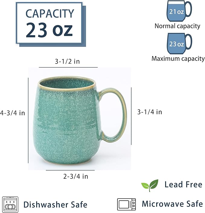 Large Coffee Mugs, Extra Large Ceramic Coffee Mug, 23 oz Handmade Pottery Mug, Big Tea Cups with Handle for Office and Home, Dishwasher and Microwave Safe (Crystal Green)