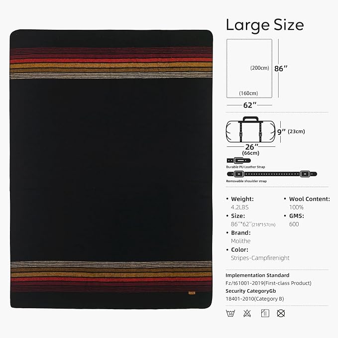 Molithe 100% Wool Blanket, 62" x 86", Warm, Thick, Washable, Military | Great for Camping, Outdoors, Sporting Events, Survival Kits Campfire Night