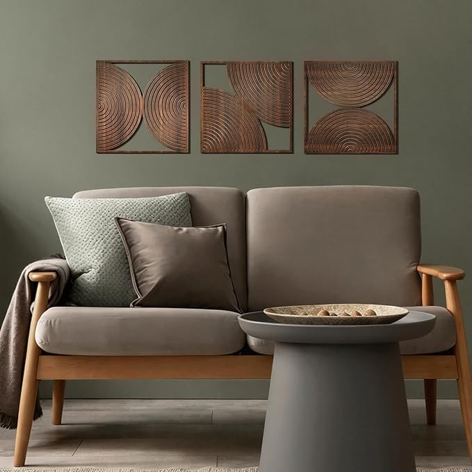 Yerliker 3 Pcs Mid Century Modern Wood Wall Art Decorations 3D Geometric Abstract Wall Sculpture for Living Room Bedroom Office Minimalist Aesthetic(Mid Century,11.8 x 11.8 x 0.2 Inch)