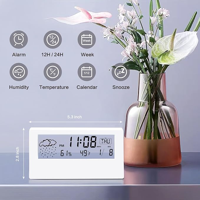 Digital Alarm Clock,Transparent Modern Design, Temperature, Humidity, Snooze, Aesthetic Home & Office Decor, Battery Operated Desk Clock for Office,Living Room,Shelf, Bedroom, White