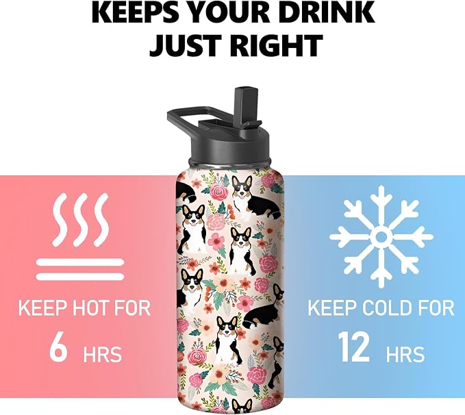 18oz Corgi Water Bottle with Handle and Flip Straw, Dog Animal Sports Stainless Steel Insulated Cup Travel Coffee Mug Tumbler, Birthday Mothers Day Chritmas Gifts for Women