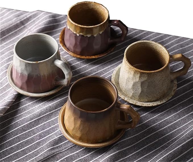 Vintage Faceted Speckled Ceramic Coffee Mug with Saucer, Rustic Stoneware Cup for Tea Latte (YF-CS01)