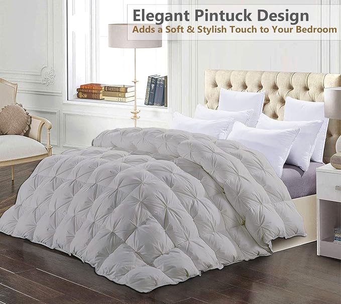 Queen/Full XL Down Alternative Comforter 88x92 Inch Silver – 500 GSM Ultra Soft Breathable, Luxury Pintuck Pinch Pleat, All Season Duvet Insert with Corner Tabs, Machine Washable