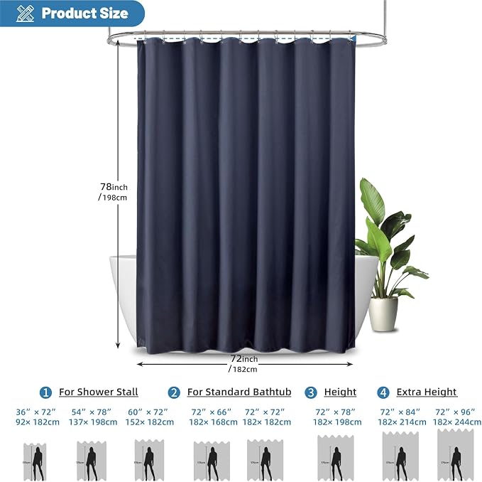 1 Pack Water-Repellent Fabric Shower Curtain Liner - Hotel Quality Machine Washable, 3 Heavy-Duty Magnets with Rustproof Grommets & Weighted Hem, Standard Size 72x78in Blue