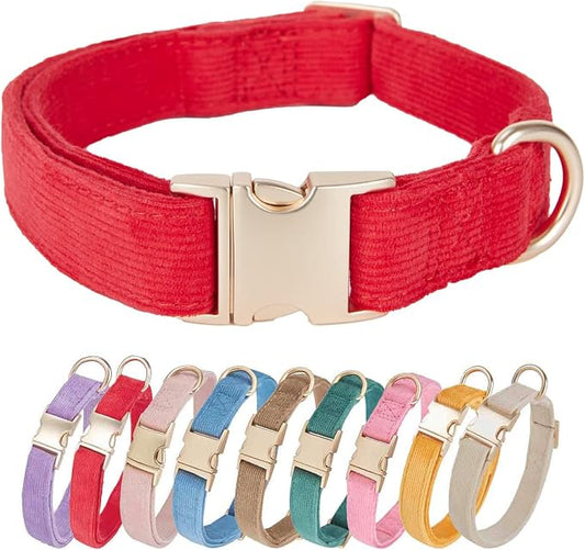 Soft Cotton Dog Collar with Metal Buckle Adjustable Heavy Duty Comfy Corduroy Collars for Small Medium Large Dogs,Red,Medium