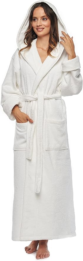 Arus Women's GOTS Certified Organic Cotton Hooded Full Length Turkish Bathrobe